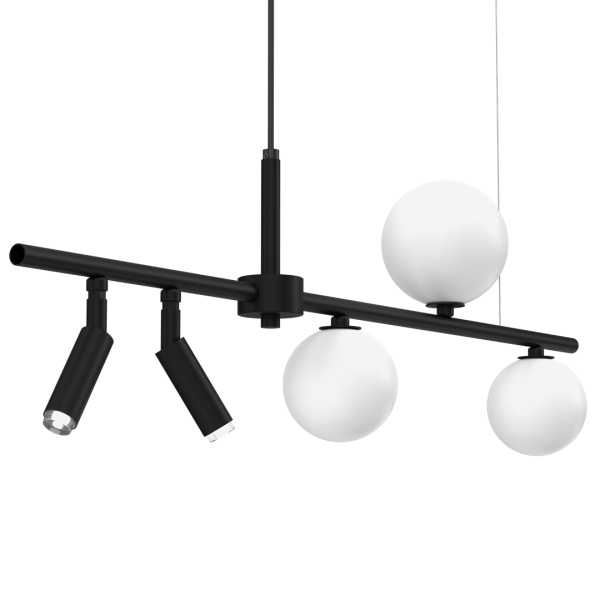 Suspension SIRIO barre horizontale métal noir 2 spots 3 boules verre blanc G9 Design chic 