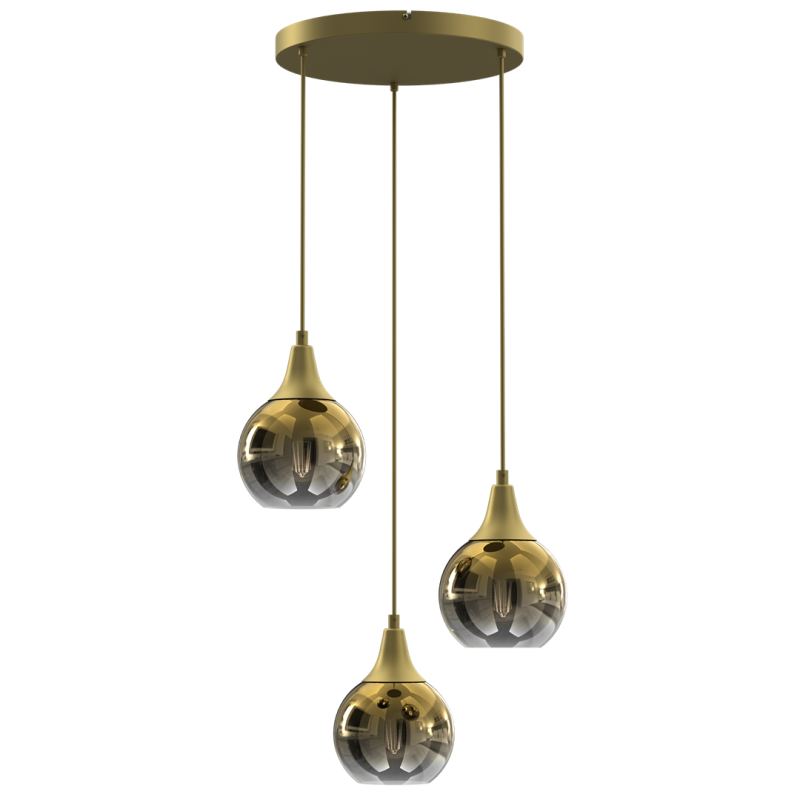 Suspension MONTE 3 abat-jour goutte verre fumé et métal doré E27 base ronde Design chic 