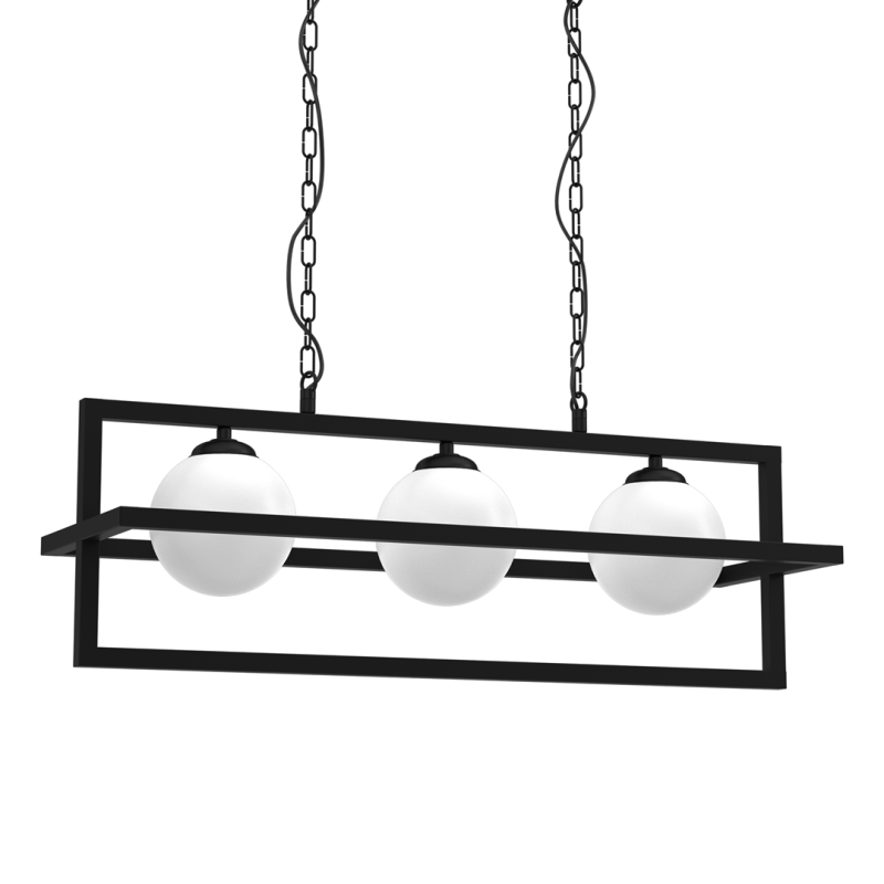 Suspension DIEGO structure rectangles croisés métal noir 3 boules verre blanc E14 Industriel 