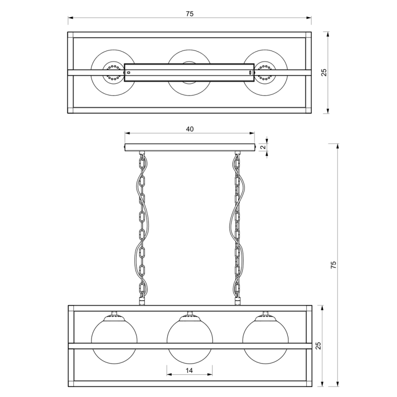 Suspension DIEGO structure rectangles croisés métal noir 3 boules verre blanc E14 Industriel 