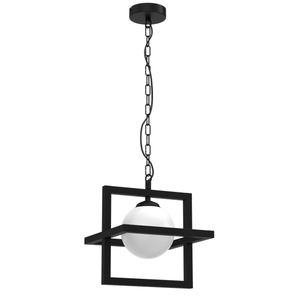 Suspension DIEGO structure carrés croisés métal noir boule verre blanc E14 Industriel 