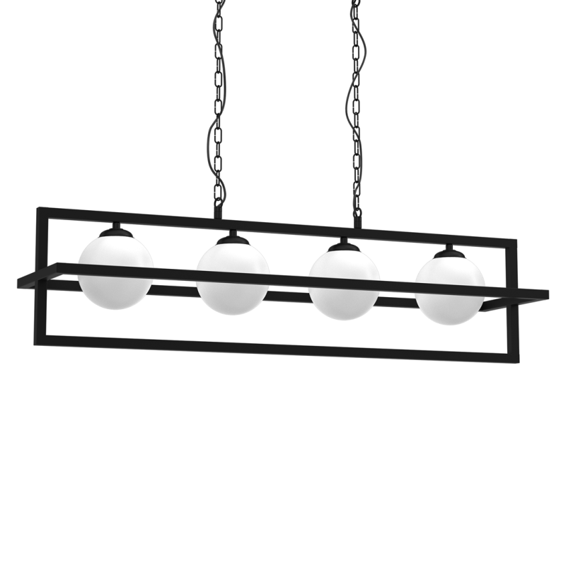 Suspension DIEGO structure rectangles croisés métal noir 4 boules verre blanc E14 Industriel 