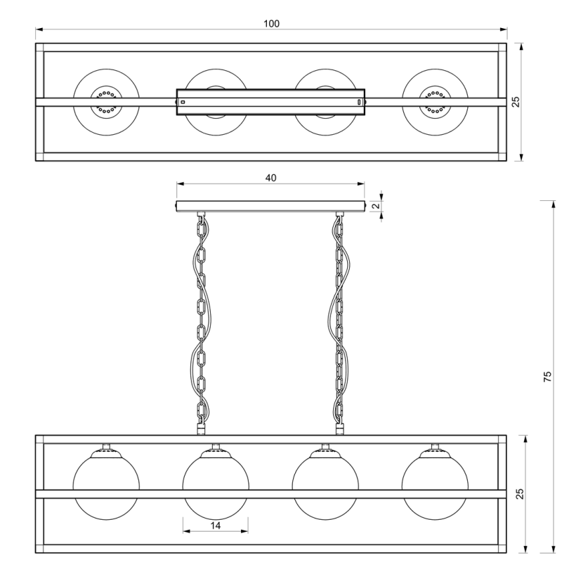 Suspension DIEGO structure rectangles croisés métal noir 4 boules verre blanc E14 Industriel 