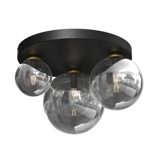 Plafonnier REFLEX 3 boules verre fumé miroir doré E14 et E27 base ronde métal noir Design chic 