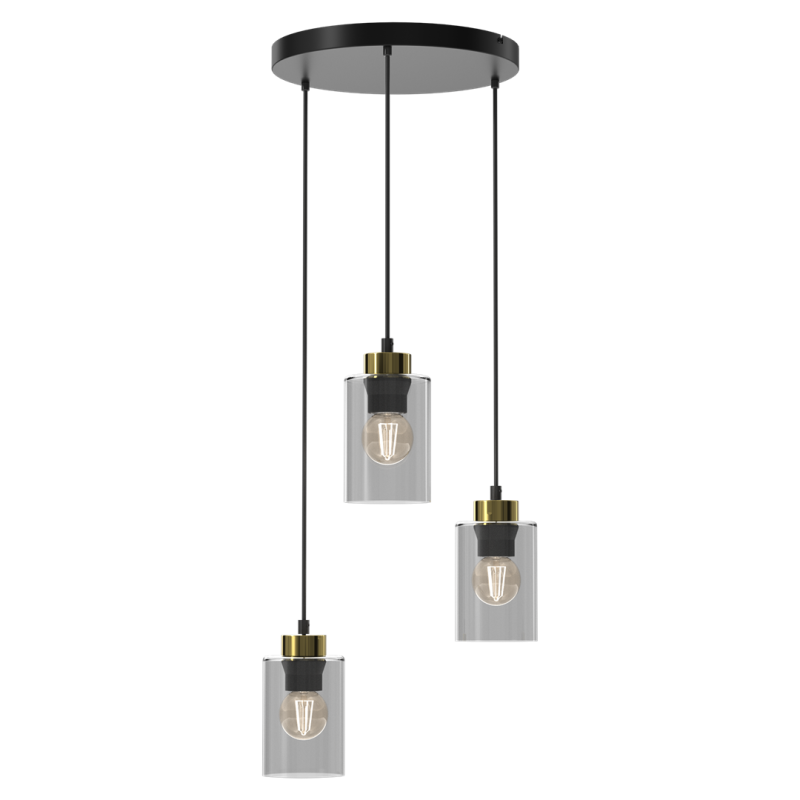 Suspension CHIC 3 abat-jour verre fumé douille doré E27 base ronde métal noir Industriel 