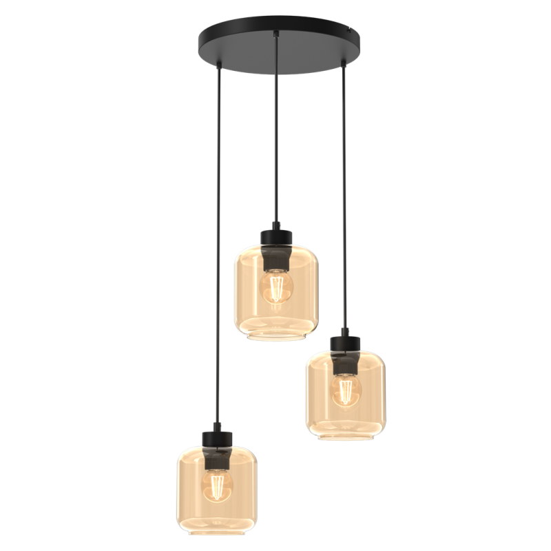 Suspension SOFIA 3 douilles abat-jour verre ambré E27 base ronde métal noir Design chic 