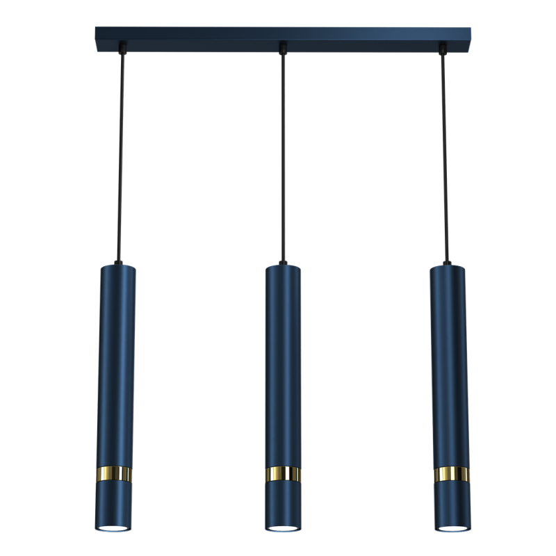 Suspension JOKER 3 tubes métal bleu anneau doré GU10 Minimaliste 