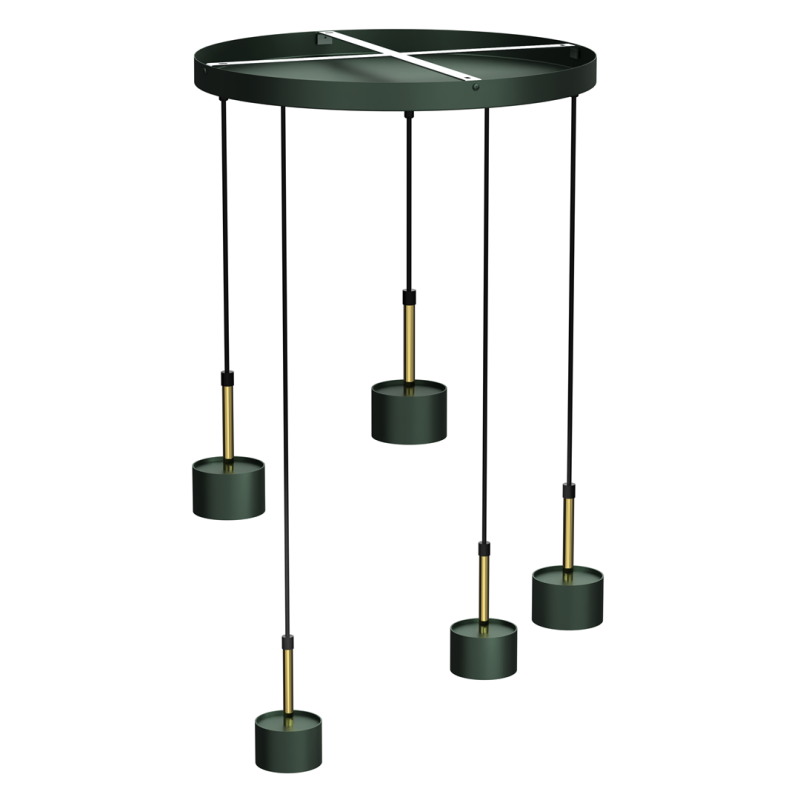 Suspension ARENA 5 abat-jour cylindriques métal vert et doré base ronde GX53 Design chic 