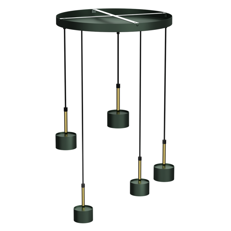 Suspension ARENA 5 abat-jour cylindriques métal vert et doré base ronde GX53 Design chic 