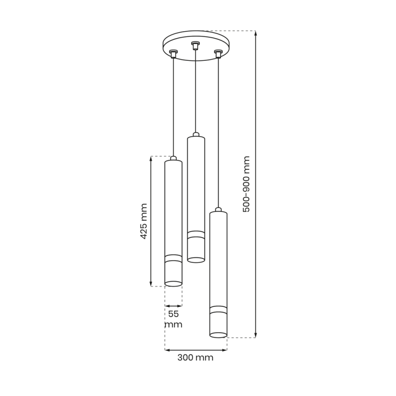 Suspension JOKER 3 tubes métal noir anneau chromé GU10 base ronde Minimaliste 