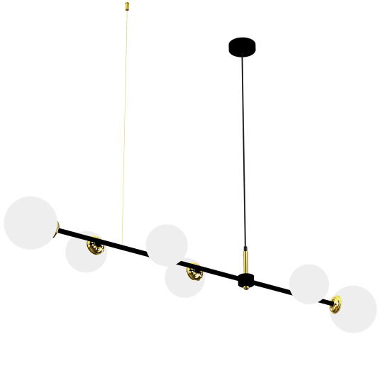 Suspension POP barre horizontale métal noir doré 146cm 6 boules verre blanc E14 Design chic 