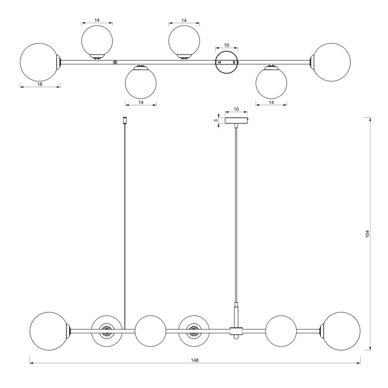 Suspension POP barre horizontale métal noir doré 146cm 6 boules verre blanc E14 Design chic 