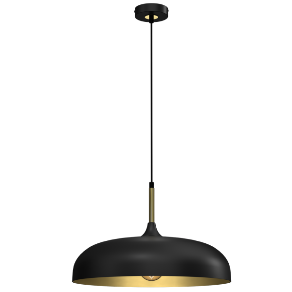 Suspension LINCOLN 45cm cloche métal noir intérieur doré E27 Industriel 