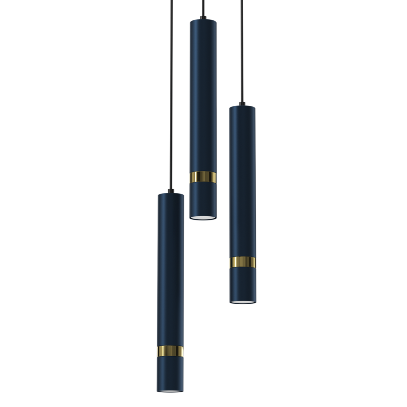 Suspension JOKER 3 tubes métal bleu anneau doré GU10 base ronde Minimaliste 