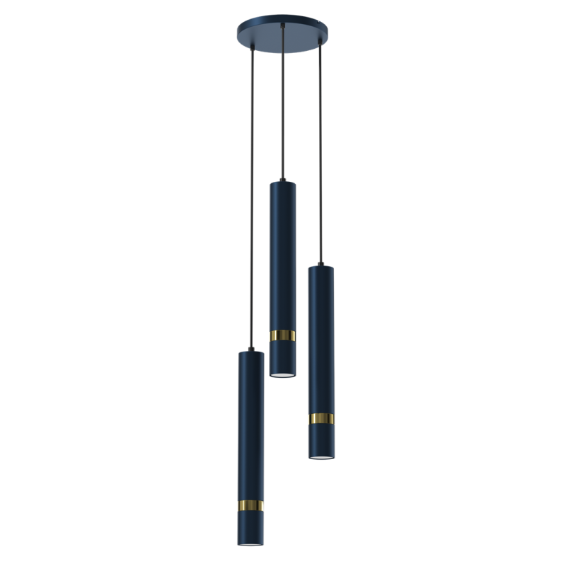 Suspension JOKER 3 tubes métal bleu anneau doré GU10 base ronde Minimaliste 