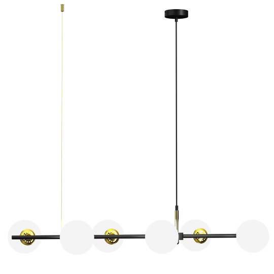 Suspension POP barre horizontale métal noir doré 108cm 6 boules verre blanc E14 Design chic 