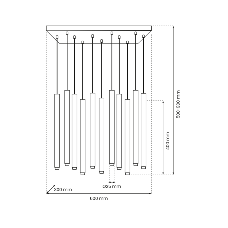 Suspension MONZA 11 cylindres métal noir G9 base rectangle Minimaliste 