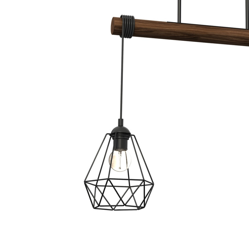 Suspension ACERO barre bois 3 cages forme diamant métallique noir E27 Bohème 