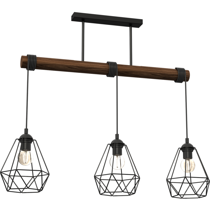 Suspension ACERO barre bois 3 cages forme diamant métallique noir E27 Bohème 