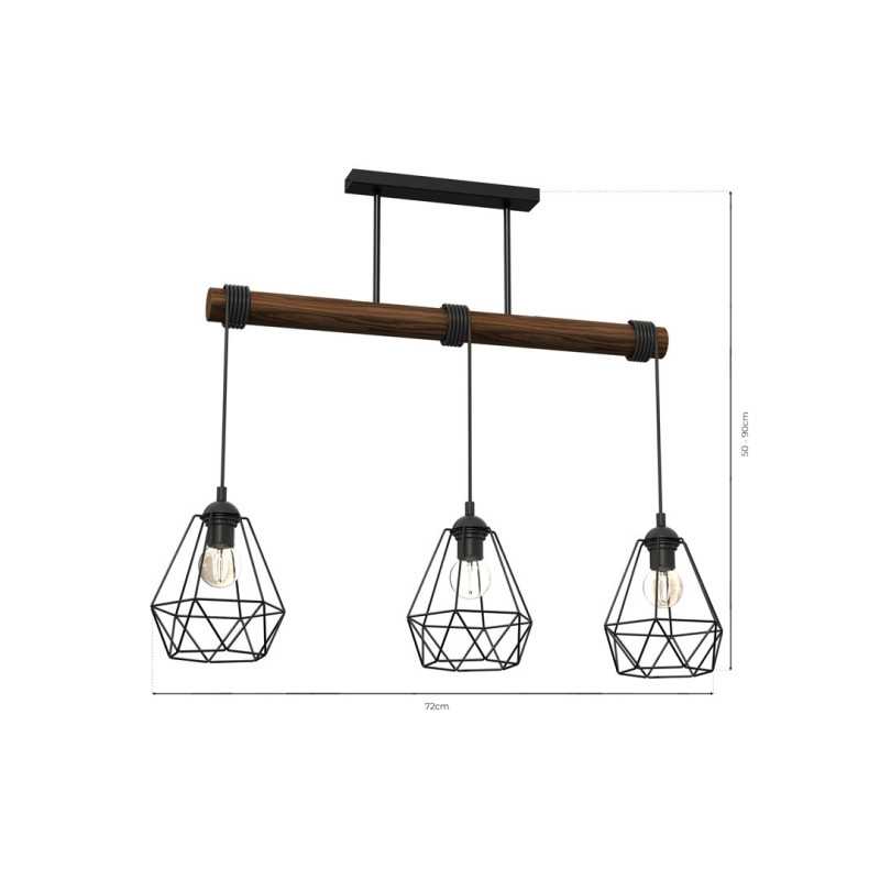 Suspension ACERO barre bois 3 cages forme diamant métallique noir E27 Bohème 