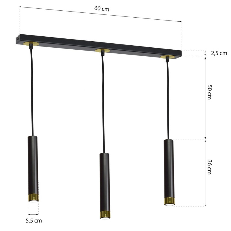 Suspension DANI 3 tubes métal noir et doré miniGU10 Industriel 