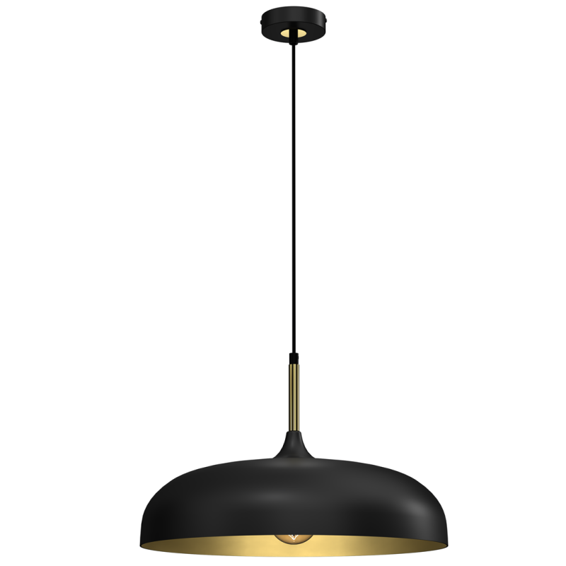 Suspension LINCOLN 45cm cloche métal noir intérieur doré E27 Industriel 