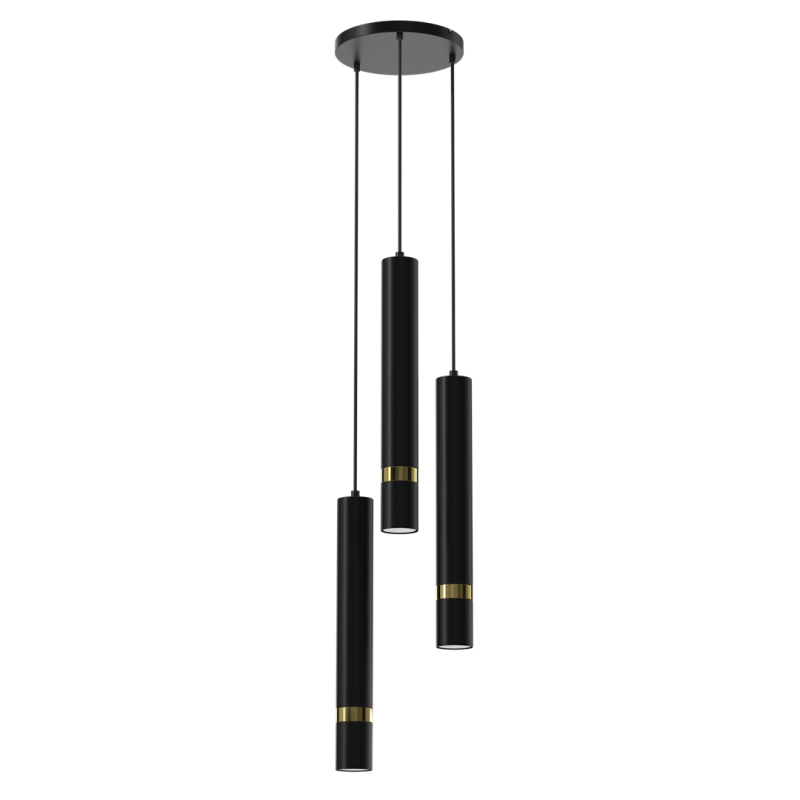 Suspension JOKER 3 tubes métal noir anneau doré GU10 base ronde Minimaliste 