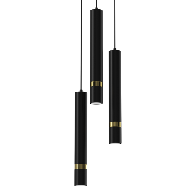 Suspension JOKER 3 tubes métal noir anneau doré GU10 base ronde Minimaliste 