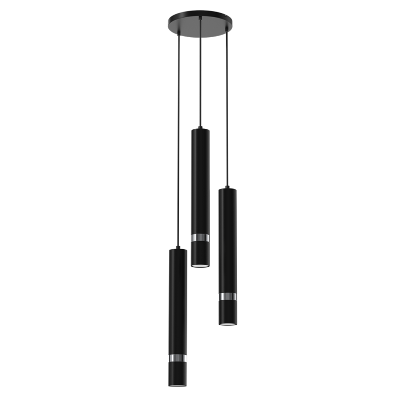 Suspension JOKER 3 tubes métal noir anneau chromé GU10 base ronde Minimaliste 