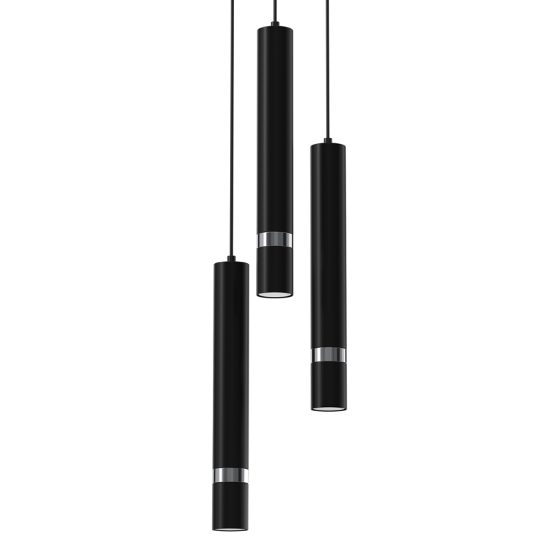 Suspension JOKER 3 tubes métal noir anneau chromé GU10 base ronde Minimaliste 