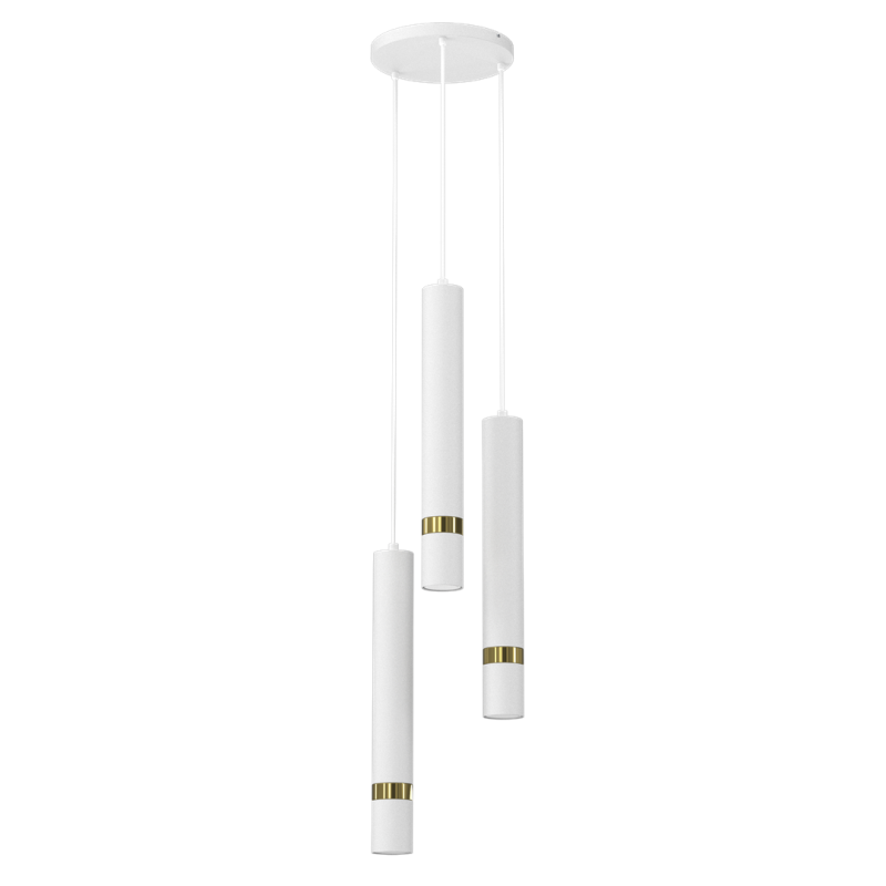 Suspension JOKER 3 tubes métal blanc anneau doré GU10 base ronde Minimaliste 