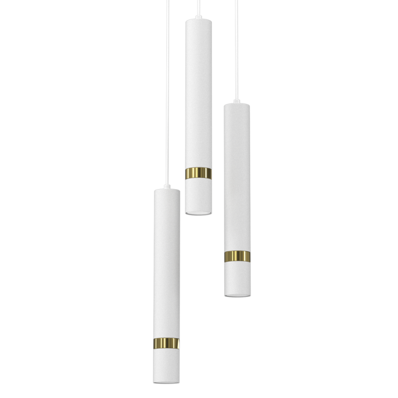 Suspension JOKER 3 tubes métal blanc anneau doré GU10 base ronde Minimaliste 