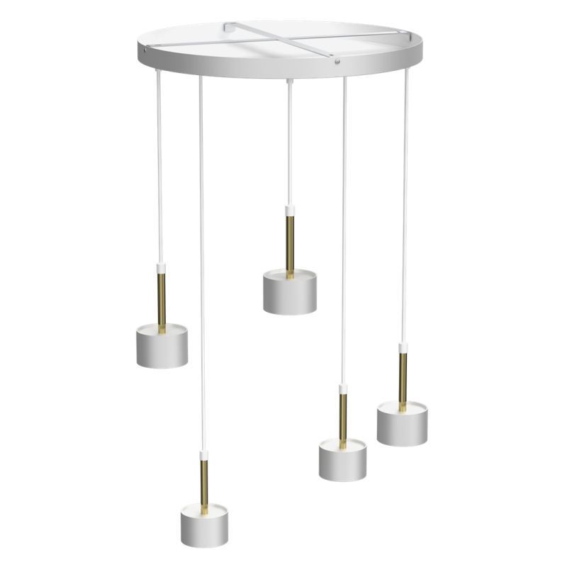 Suspension ARENA 5 abat-jour cylindriques métal blanc et doré base ronde GX53 Design chic 