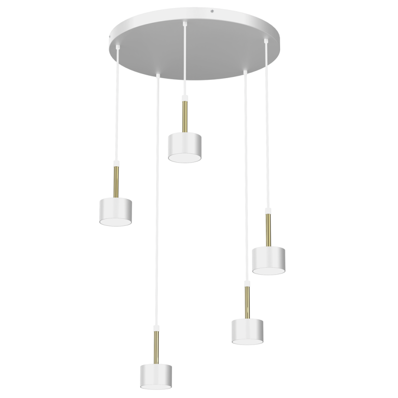 Suspension ARENA 5 abat-jour cylindriques métal blanc et doré base ronde GX53 Design chic 