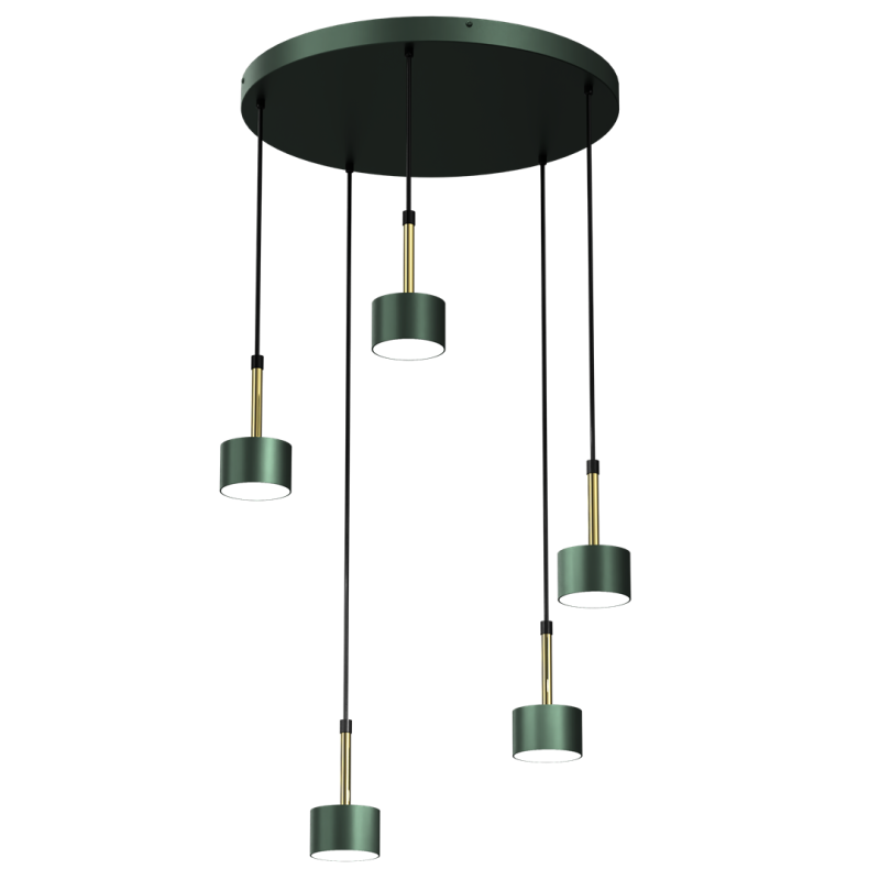 Suspension ARENA 5 abat-jour cylindriques métal vert et doré base ronde GX53 Design chic 