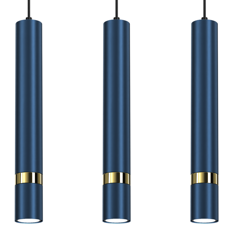 Suspension JOKER 3 tubes métal bleu anneau doré GU10 Minimaliste 