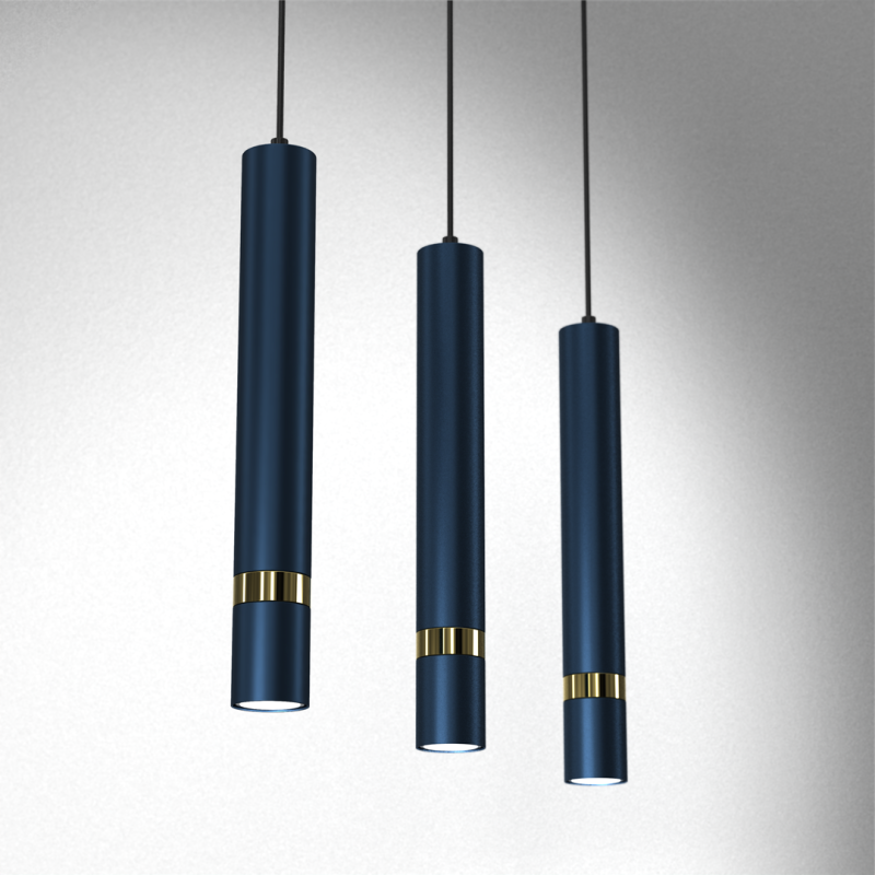 Suspension JOKER 3 tubes métal bleu anneau doré GU10 Minimaliste 