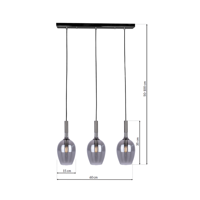 Suspension LUGANO 3 abat-jour goutte verre gris fumé et métal chromé E14 Design chic 