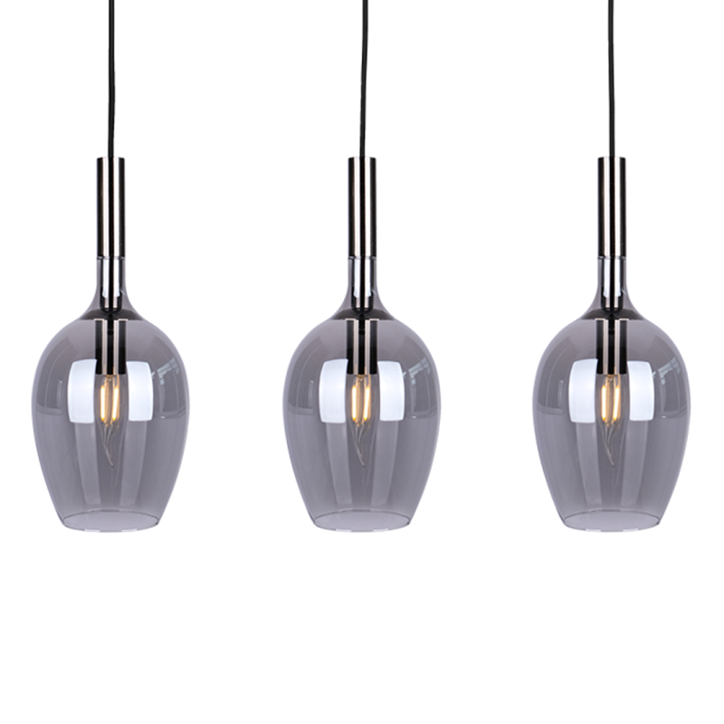 Suspension LUGANO 3 abat-jour goutte verre gris fumé et métal chromé E14 Design chic 