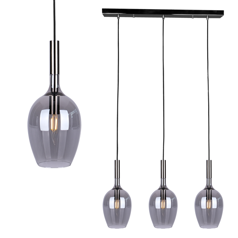 Suspension LUGANO 3 abat-jour goutte verre gris fumé et métal chromé E14 Design chic 