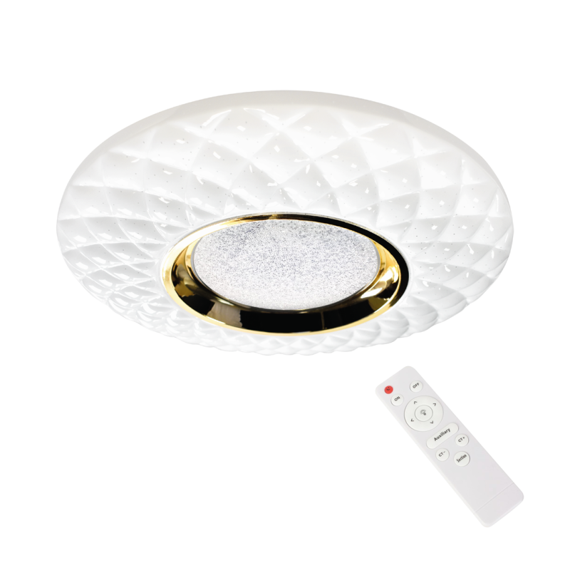 Plafonnier TOKYO 40cm rond blanc effet matelassé anneau doré LED CCT 3000k à 6000k 24W avec télécommande 