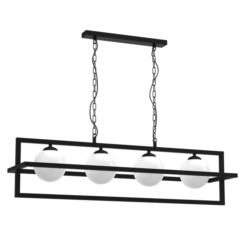 Suspension DIEGO structure rectangles croisés métal noir 4 boules verre blanc E14 Industriel 