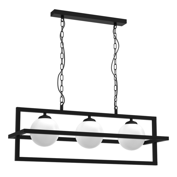 Suspension DIEGO structure rectangles croisés métal noir 3 boules verre blanc E14 Industriel 