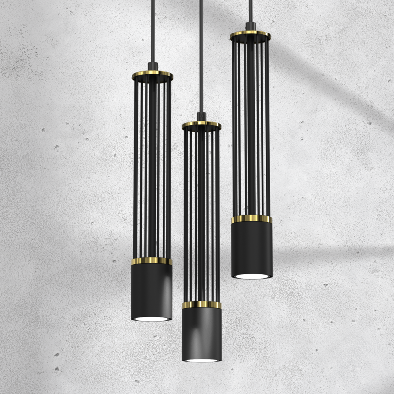 Suspension ESTILO 3 tubes métal noir ajouré détail doré U10 base ronde Minimaliste 