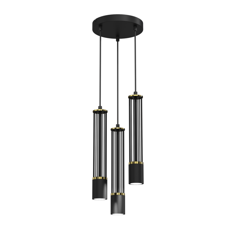 Suspension ESTILO 3 tubes métal noir ajouré détail doré U10 base ronde Minimaliste 