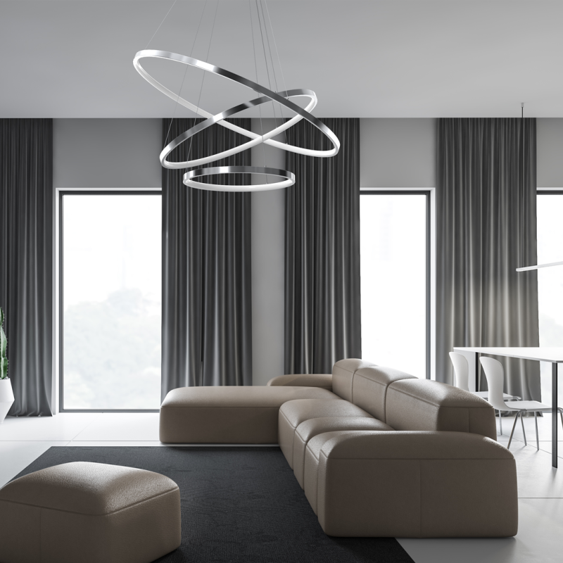 Suspension ROTONDA 3 cercles lumineux chromé entrelacés LED blanc neutre 4650Lm 93W Design chic 