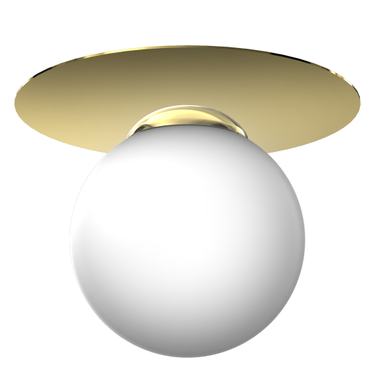 Plafonnier PLATO base ronde plastique doré 25cm boule verre blanc 20cm E14 Design chic 