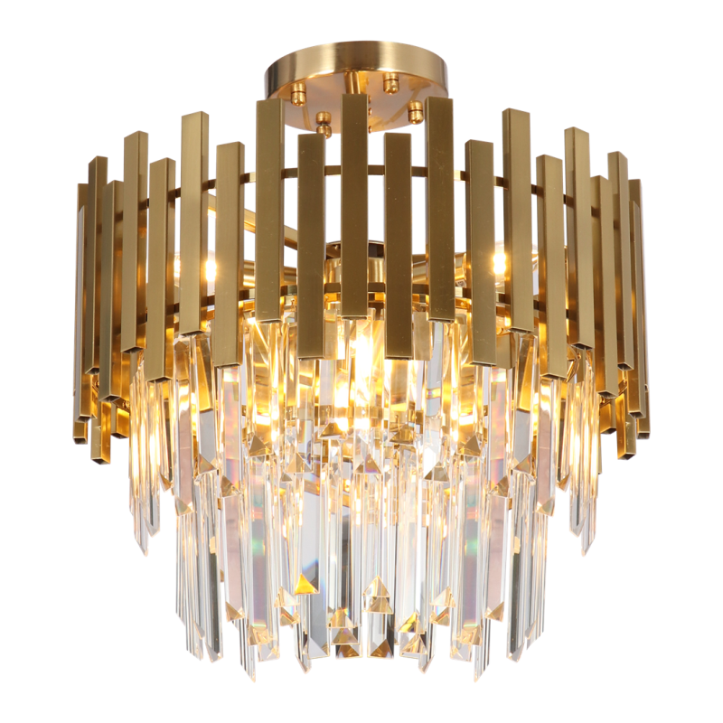 Plafonnier ASPEN couronne métal doré et cristaux suspendus en cascade E14 Vintage 