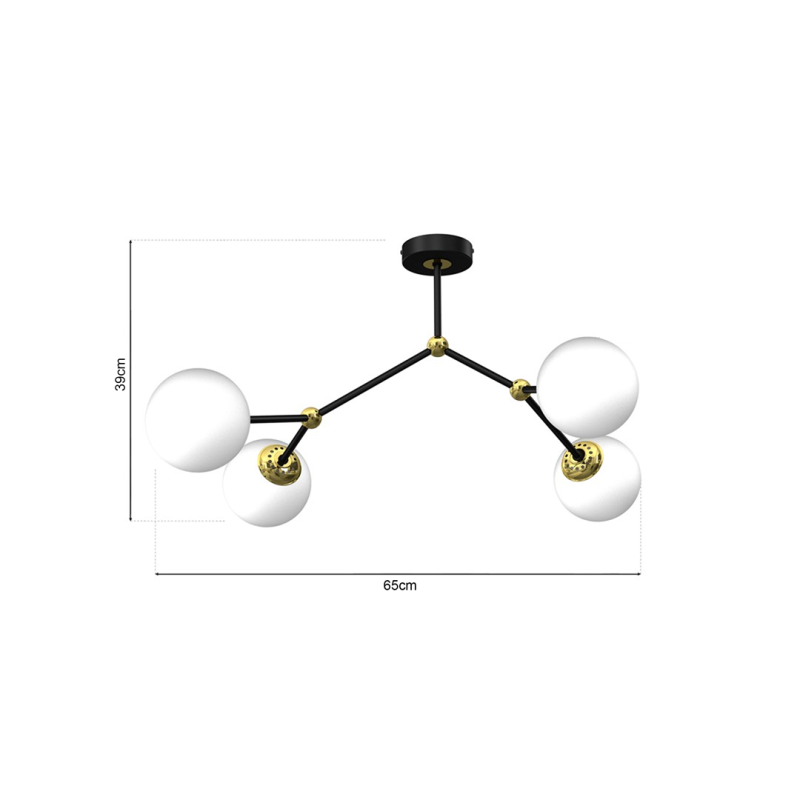 Plafonnier JOY 3 branches atome métal noir doré boules verre blanc E14 Design chic 