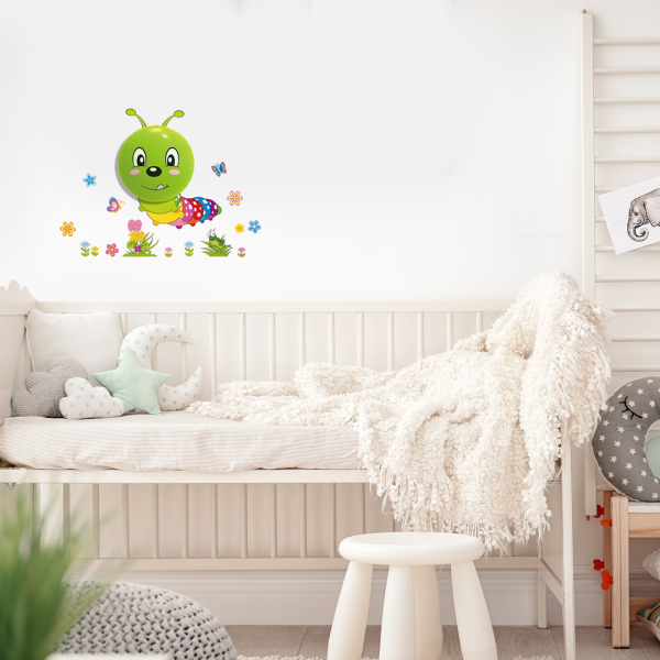 Applique murale enfant WORM chenille verte à piles sticker décor multicolore LED 0,6W 